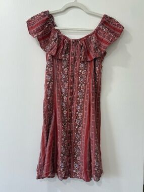 American Eagle Outfitters Red Striped Floral Off-Shoulder Mini Dress